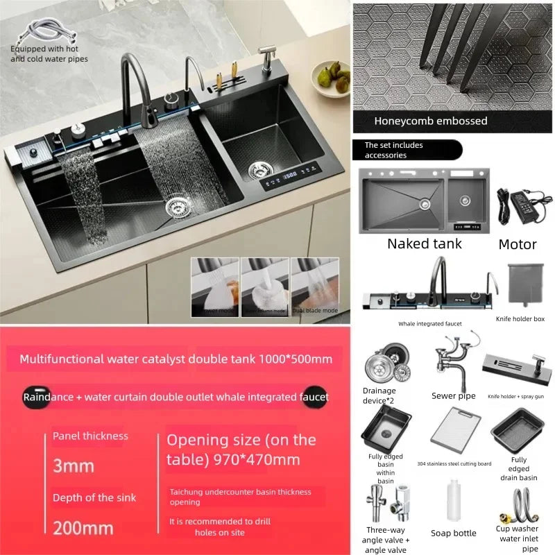 304 Stainless Steel Kitchen Sink Multifunctional Water Catalyst Purify Ingredients 100x50 Large Double Slot Wash Vegetable Basin