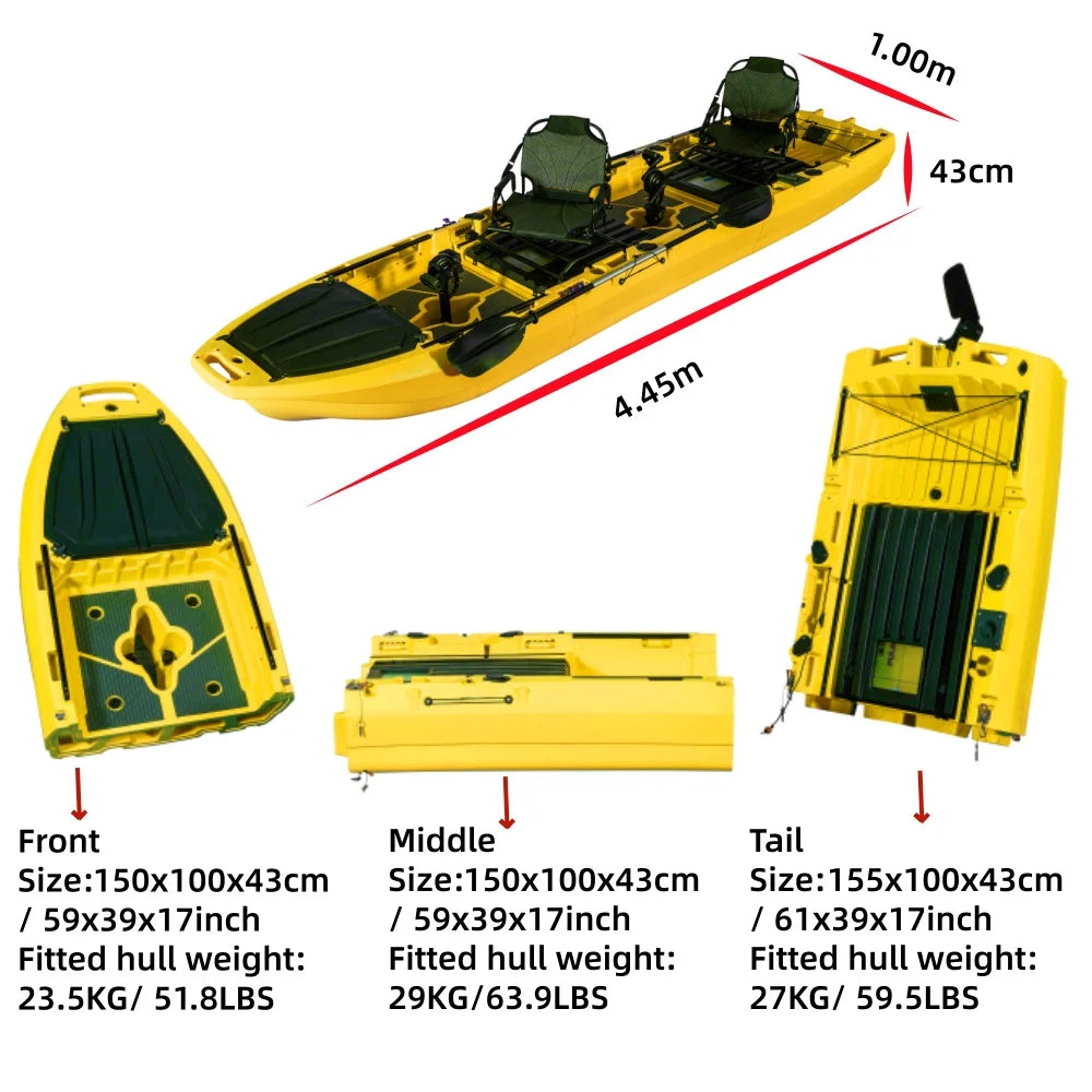 14Ft/10ft Modular Two/Single Seat Pedal Kayak, Seated Fishing Tourist Kayak, Suitable for 2 or 1 People, Three/Two Section, Roto