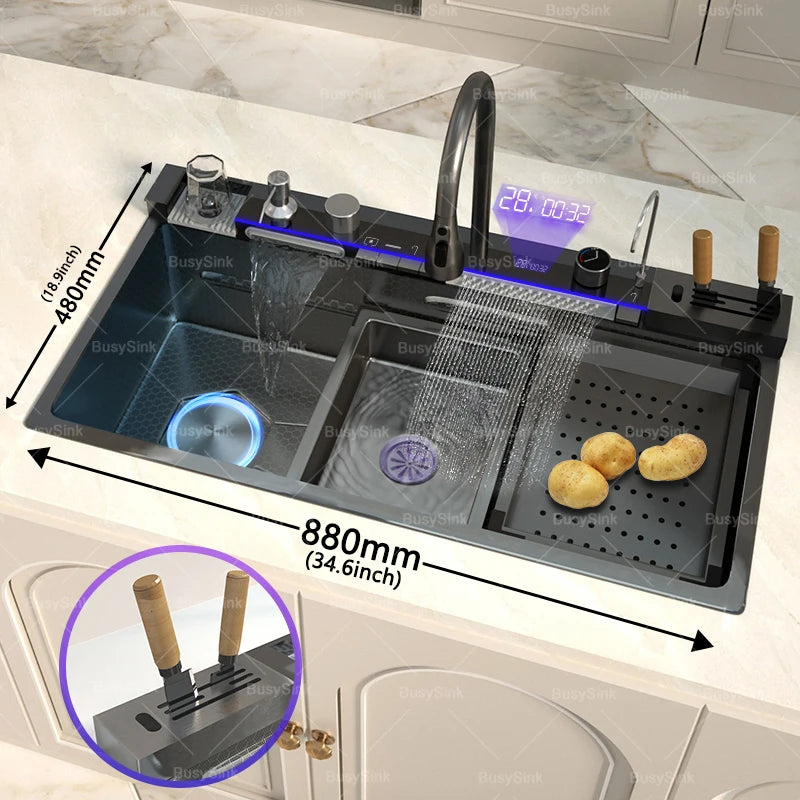 Stainless Steel Waterfall Kitchen Sink Extra Large Single Bowl Digital Display Multifunctional Dishwashing sinks