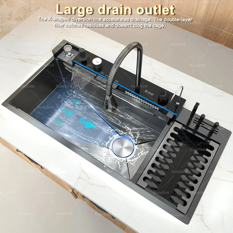 Stainless Steel New Waterfall Kitchen Sink Digital Display Dishwashing Sinks With Draining Rack Embossed Extra Large Single Slot