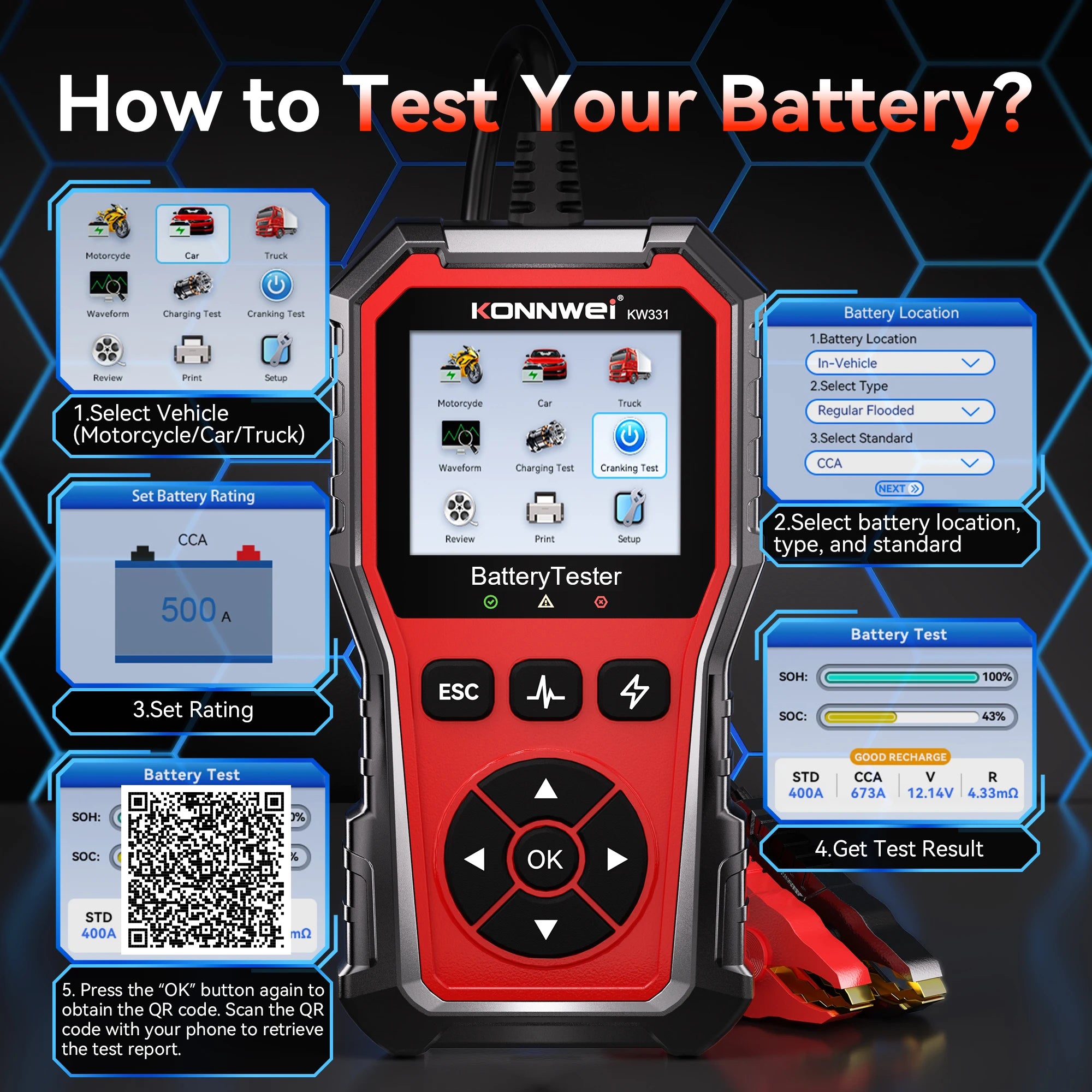 2025 KONNWEi Car Battery Tester Fault Code Clearance Battery Information Monitoring Startup Test Car Battery Charging Scan Tool