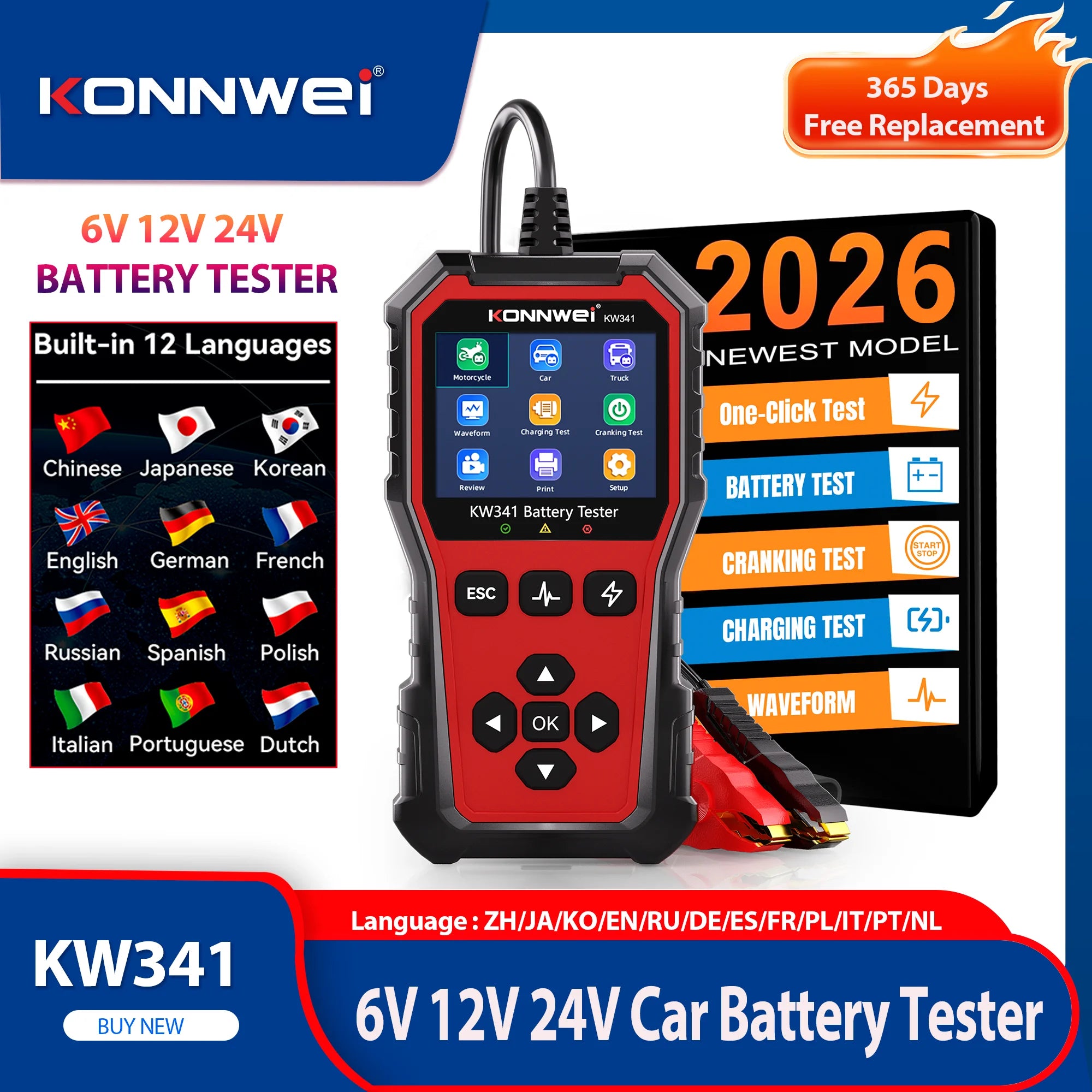 2026 KONNWEI KW341 Car Moto Truck Battery Tester 6V12V 24V Fault Data Printing Start Voltage Test Car Battery Charging Scan Tool