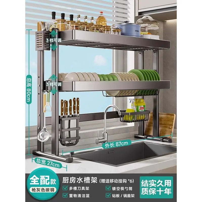 Over-the-Sink Dish Drying Rack Kitchen Sink Organizer Multifunctional Dishware Storage Shelf Space-Saving Plate and Bowl Holder