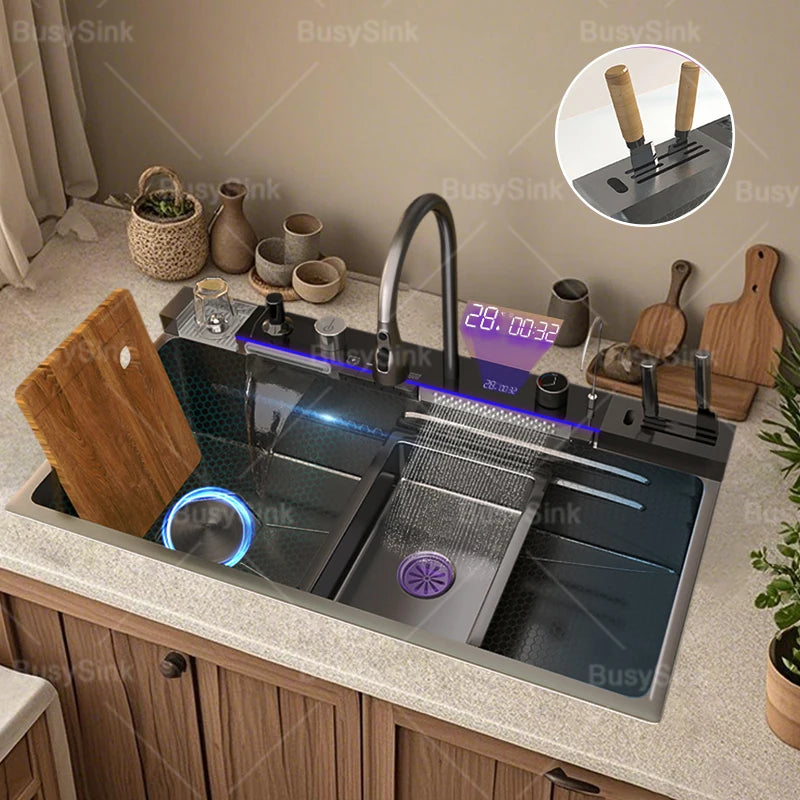 Stainless Steel Waterfall Kitchen Sink Digital Display Large Single Slot Dishwashing Sinks Overseas Warehouse Shipping