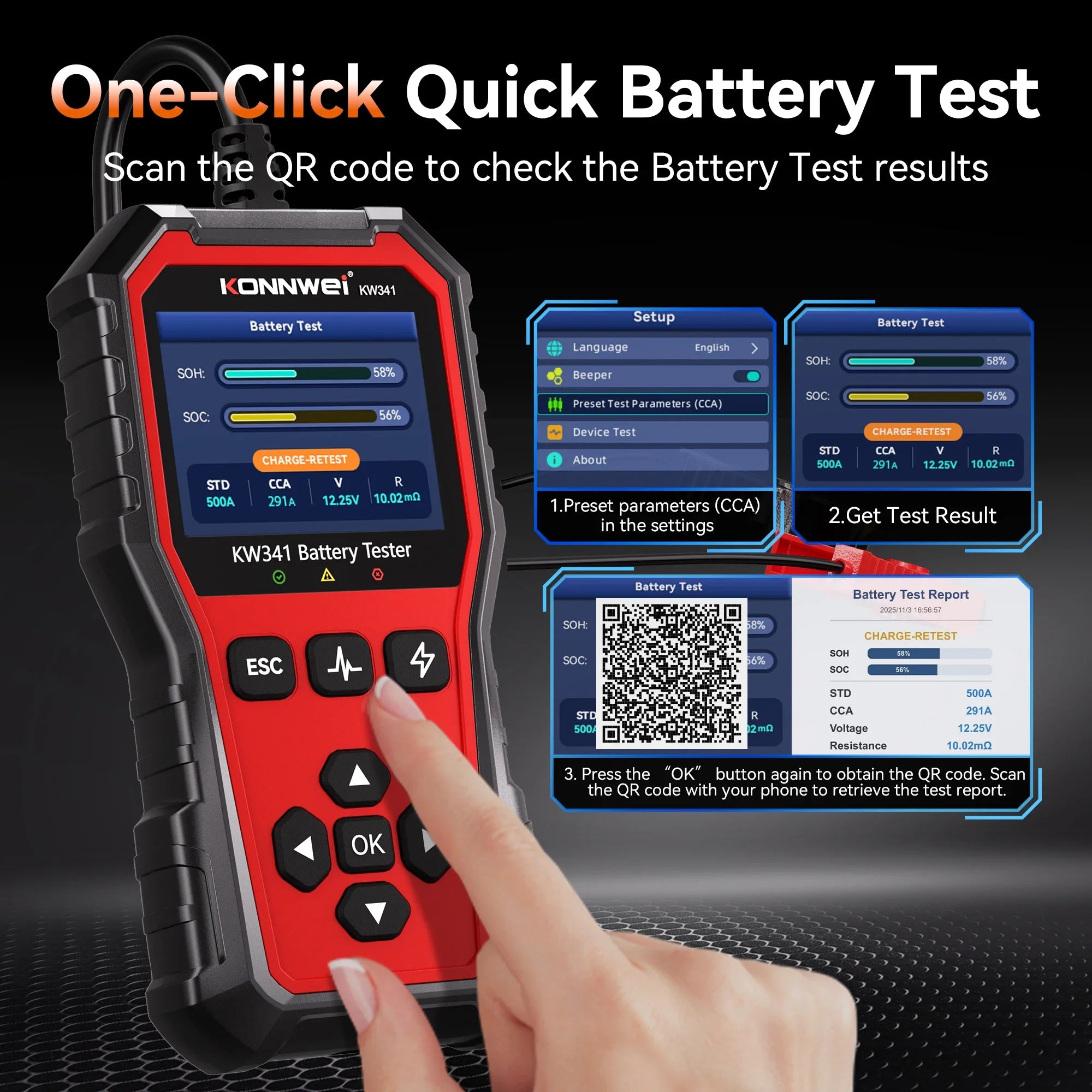 2026 KONNWEI KW341 Car Moto Truck Battery Tester 6V12V 24V Fault Data Printing Start Voltage Test Car Battery Charging Scan Tool