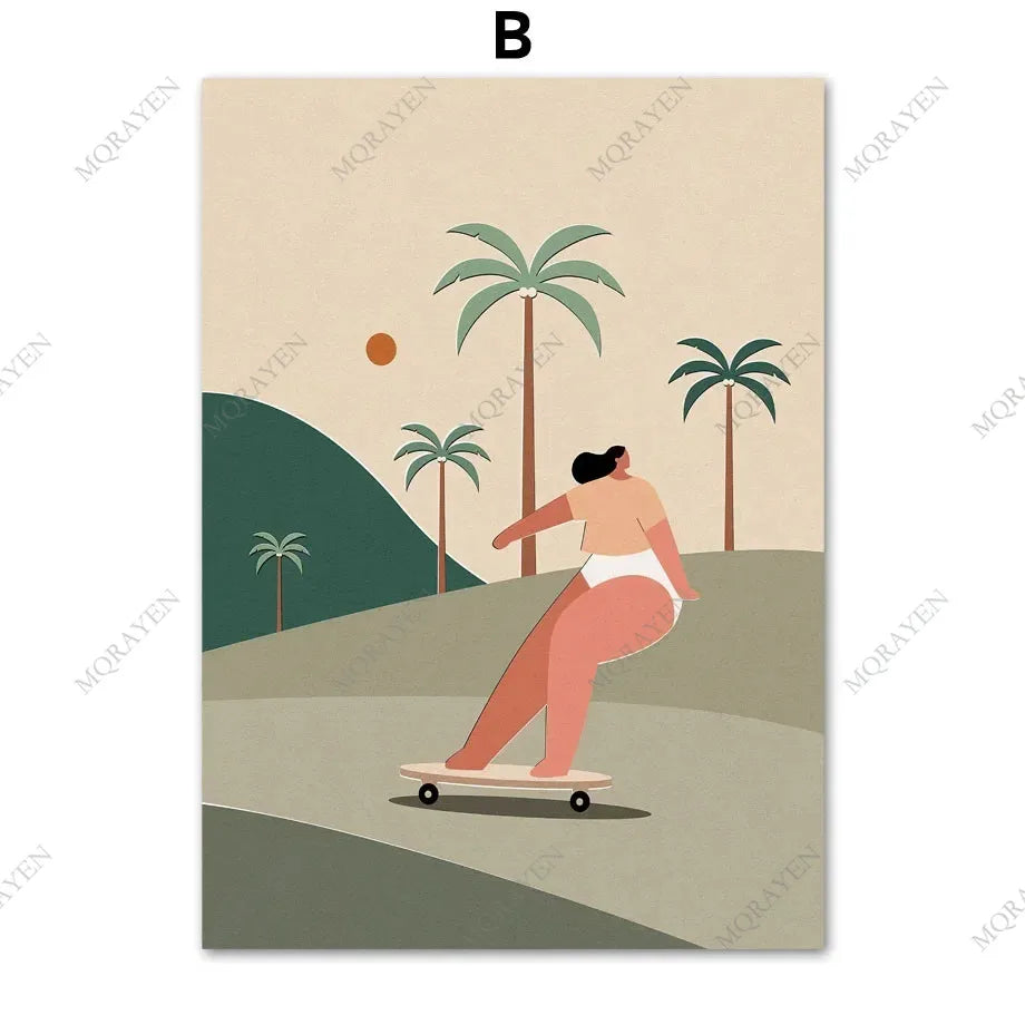 Surf Skateboard Tanning Seaside Vacation Posters Prints Canvas Painting Beach Bohemia Girl Wall Art Pictures Living Room Decor