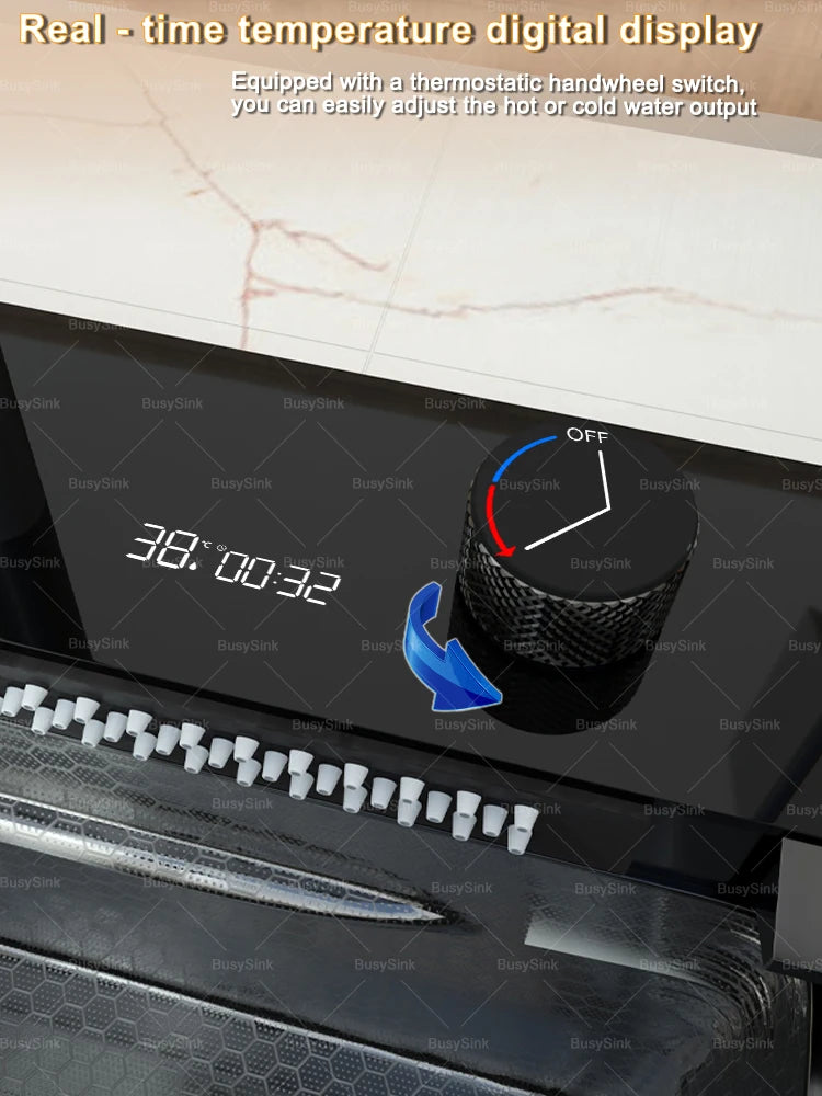 Stainless Steel New Waterfall Kitchen Sink Digital Display Dishwashing Sinks With Draining Rack Embossed Extra Large Single Slot