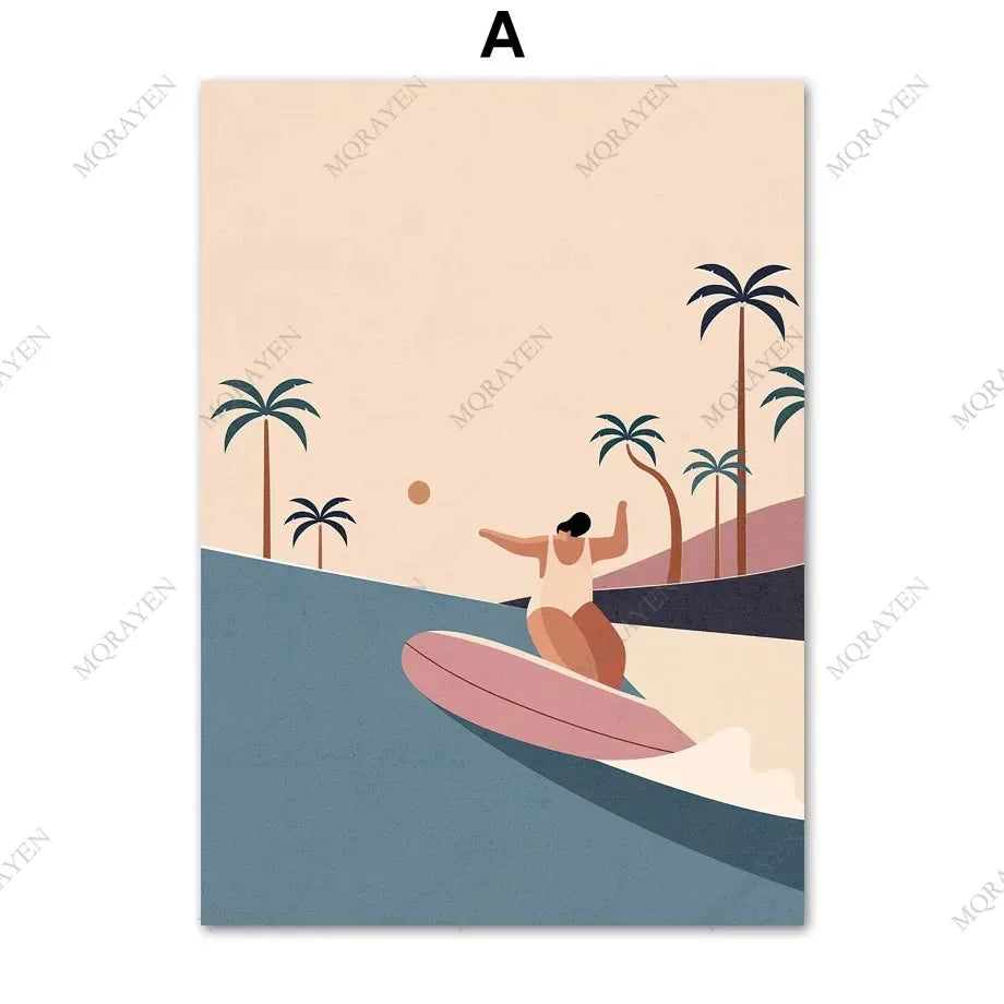 Surf Skateboard Tanning Seaside Vacation Posters Prints Canvas Painting Beach Bohemia Girl Wall Art Pictures Living Room Decor