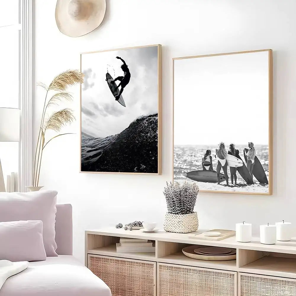 Black White Surfer Beach Surfboard Hawaii Girl Vintage Posters Sticky Whitepaper Prints Posters Artwork Posters Wall Stickers