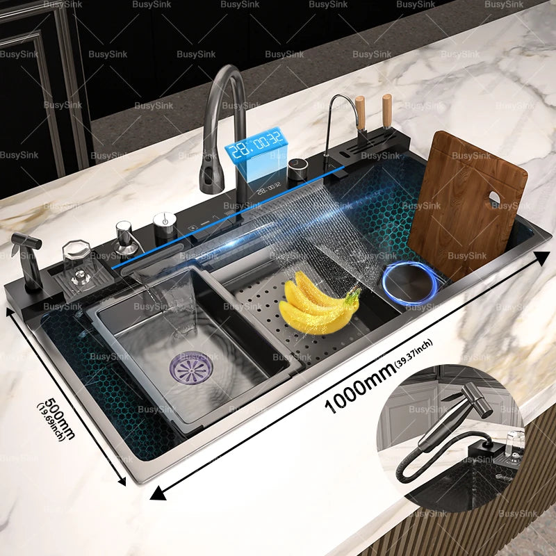 Stainless Steel Waterfall Kitchen Sink Extra Large Single Bowl Digital Display Multifunctional Dishwashing sinks