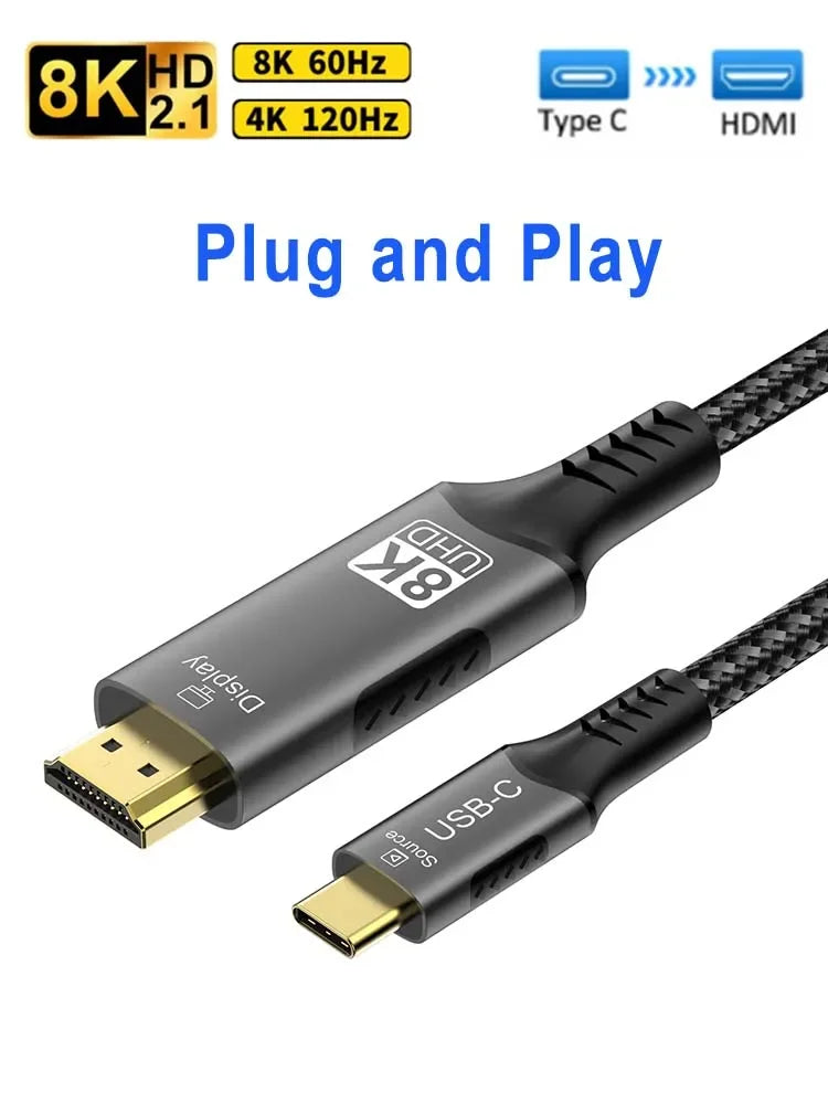 8k@60hz USB C to HDMI-Compatible cable 4k@120hz 2.1 Thunderbolt 4 Compatible HDTV Cable for PC MacBook Pro HUAWEI
