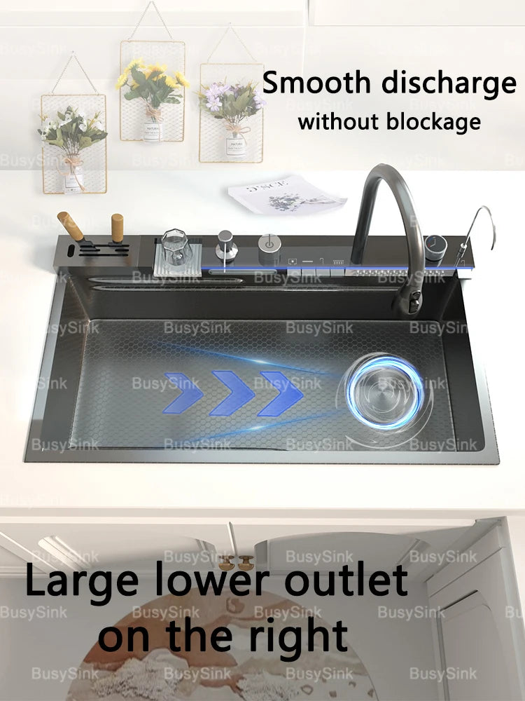 Stainless Steel Waterfall Kitchen Sink Extra Large Single Bowl Digital Display Multifunctional Dishwashing sinks