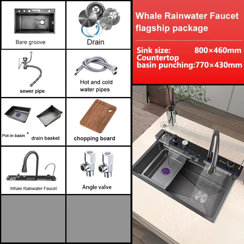 Stainless Steel Waterfall Kitchen Sink Digital Display Large Single Slot Dishwashing Sinks Overseas Warehouse Shipping
