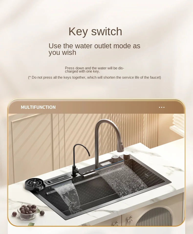 Smart Multifunction Piano Key Waterfall Large Sink 304 Stainless Steel Home Kitchen Sink with Dish Drying Holder