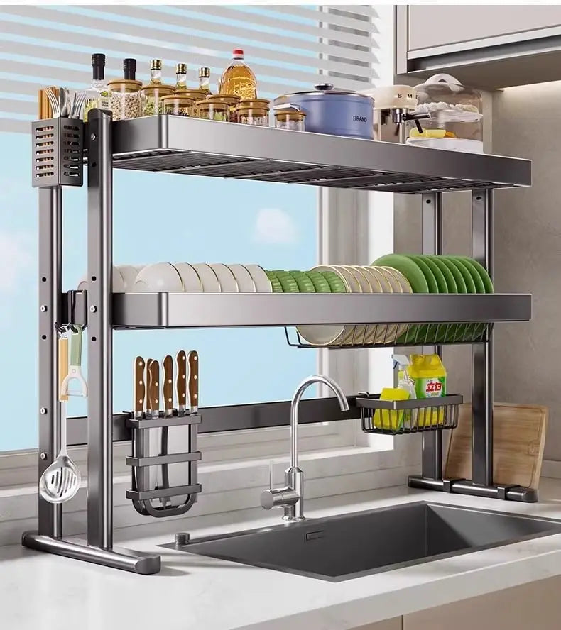 Over-the-Sink Dish Drying Rack Kitchen Sink Organizer Multifunctional Dishware Storage Shelf Space-Saving Plate and Bowl Holder