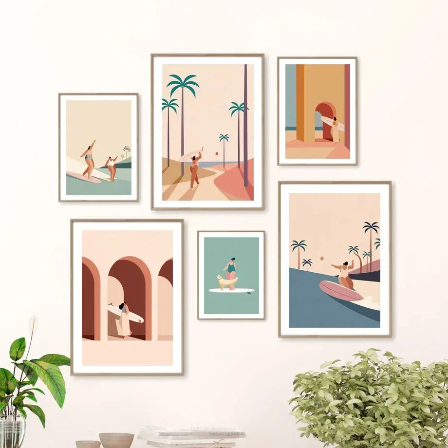 Surf Skateboard Tanning Seaside Vacation Posters Prints Canvas Painting Beach Bohemia Girl Wall Art Pictures Living Room Decor