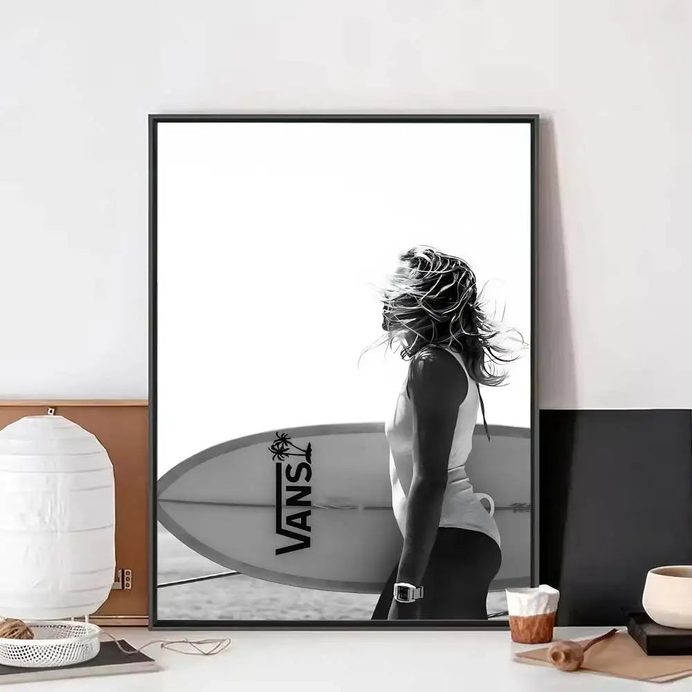 Black White Surfer Beach Surfboard Hawaii Girl Vintage Posters Sticky Whitepaper Prints Posters Artwork Posters Wall Stickers