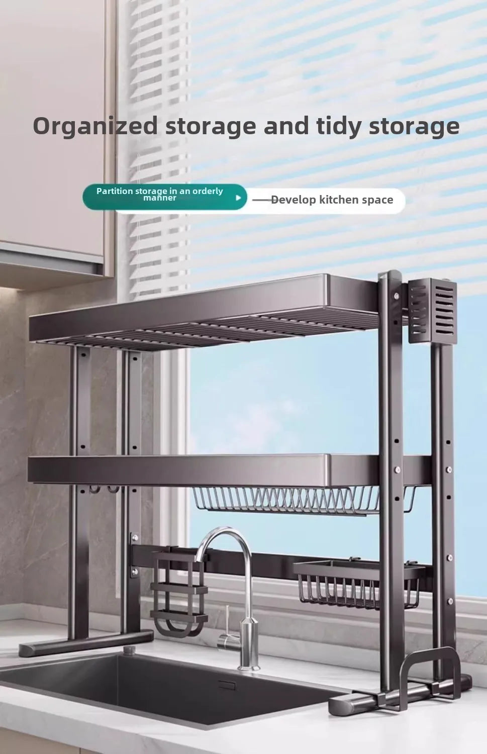 Over-the-Sink Dish Drying Rack Kitchen Sink Organizer Multifunctional Dishware Storage Shelf Space-Saving Plate and Bowl Holder