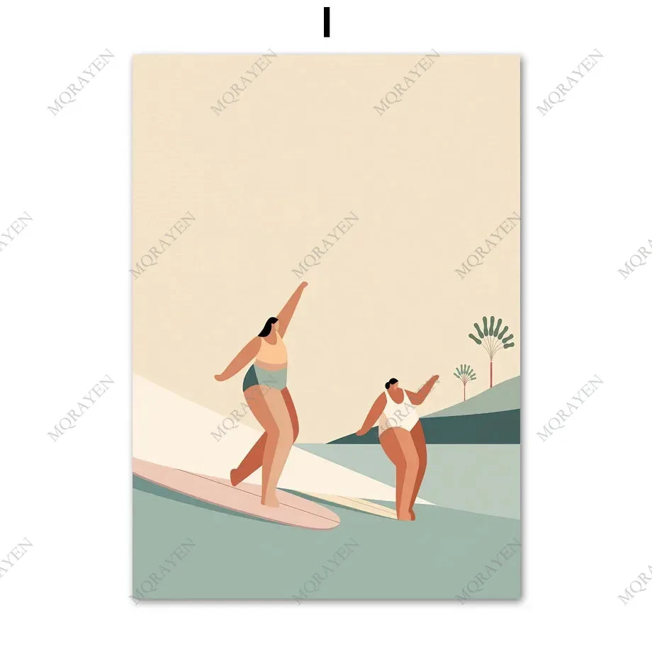 Surf Skateboard Tanning Seaside Vacation Posters Prints Canvas Painting Beach Bohemia Girl Wall Art Pictures Living Room Decor