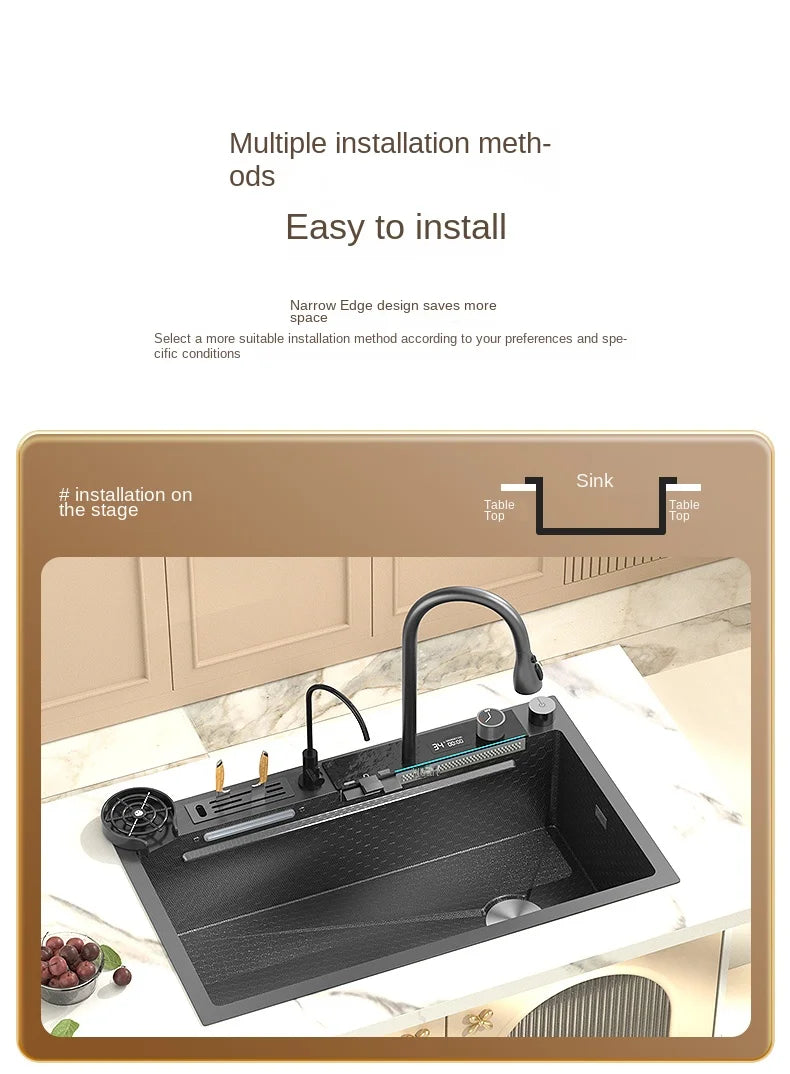 Smart Multifunction Piano Key Waterfall Large Sink 304 Stainless Steel Home Kitchen Sink with Dish Drying Holder