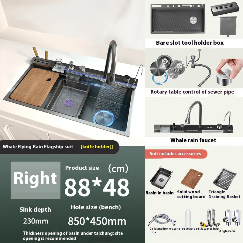 Stainless Steel Waterfall Kitchen Sink Digital Display Large Single Slot Dishwashing Sinks Overseas Warehouse Shipping