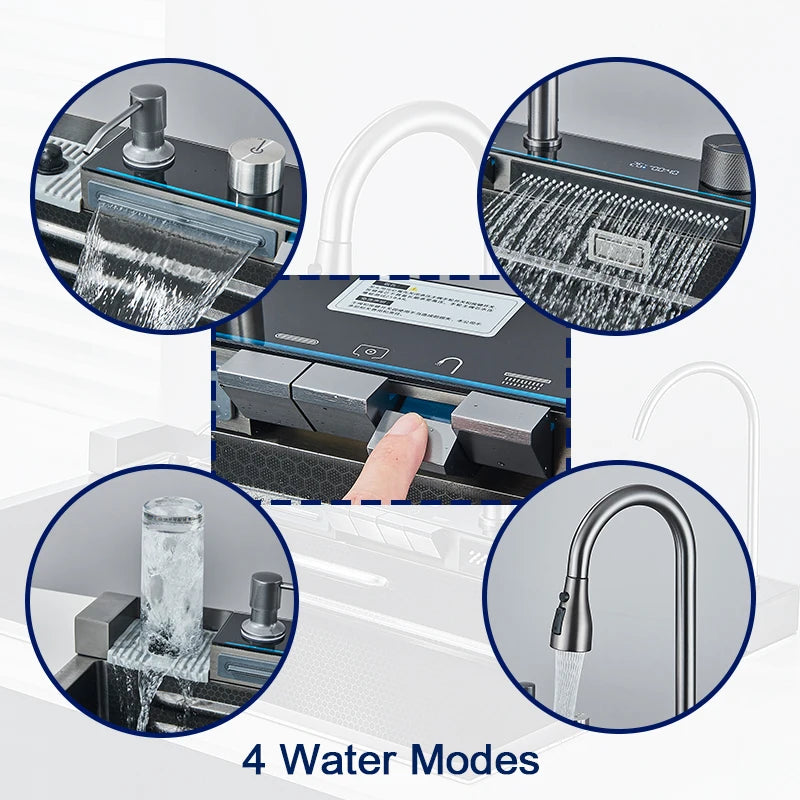 Stainless Steel Kitchen Sink with Faucet 75*45cm Large Single Bowl Digital Display Dish Basin Sink Waterfall Hot Cold Faucets