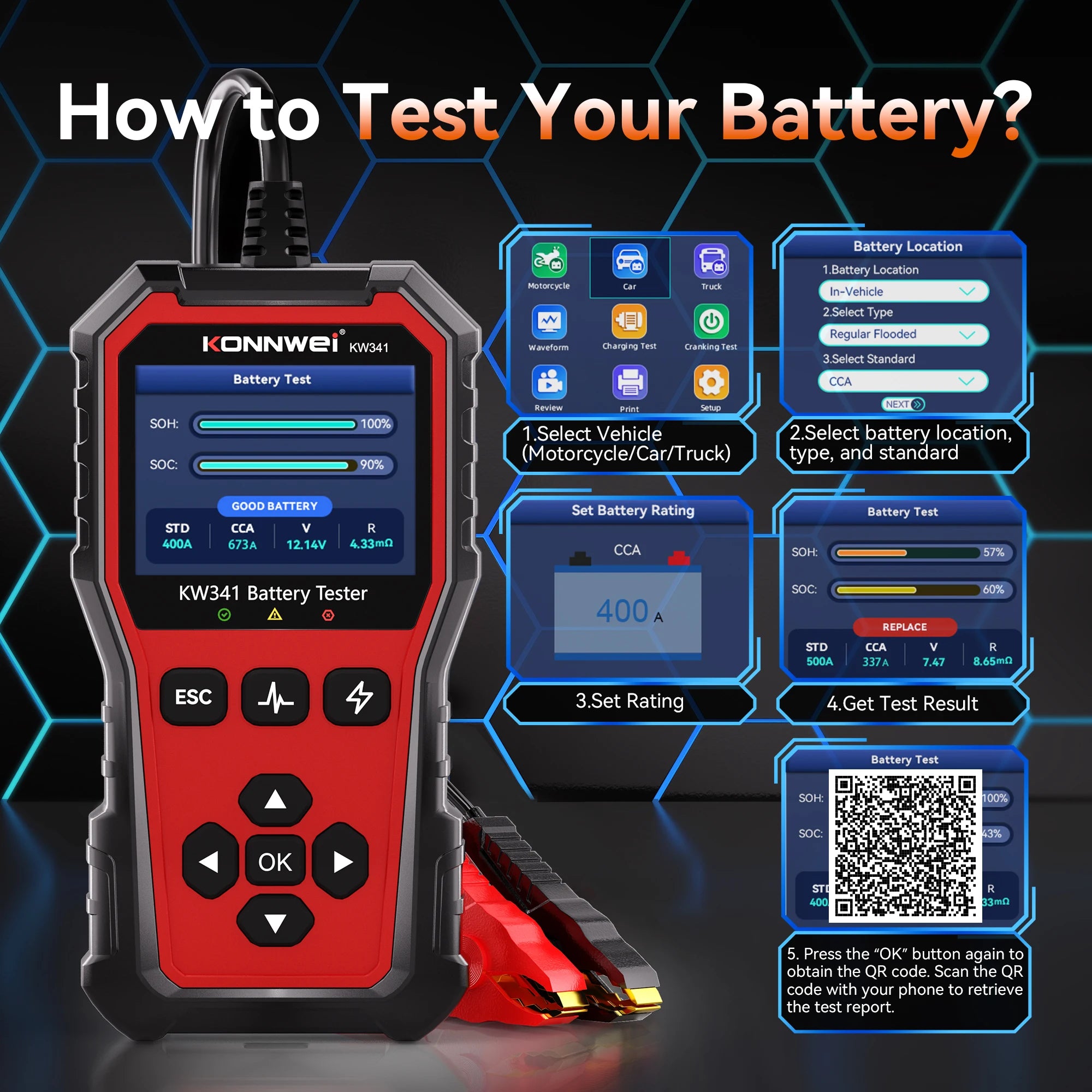 2026 KONNWEI KW341 Car Moto Truck Battery Tester 6V12V 24V Fault Data Printing Start Voltage Test Car Battery Charging Scan Tool