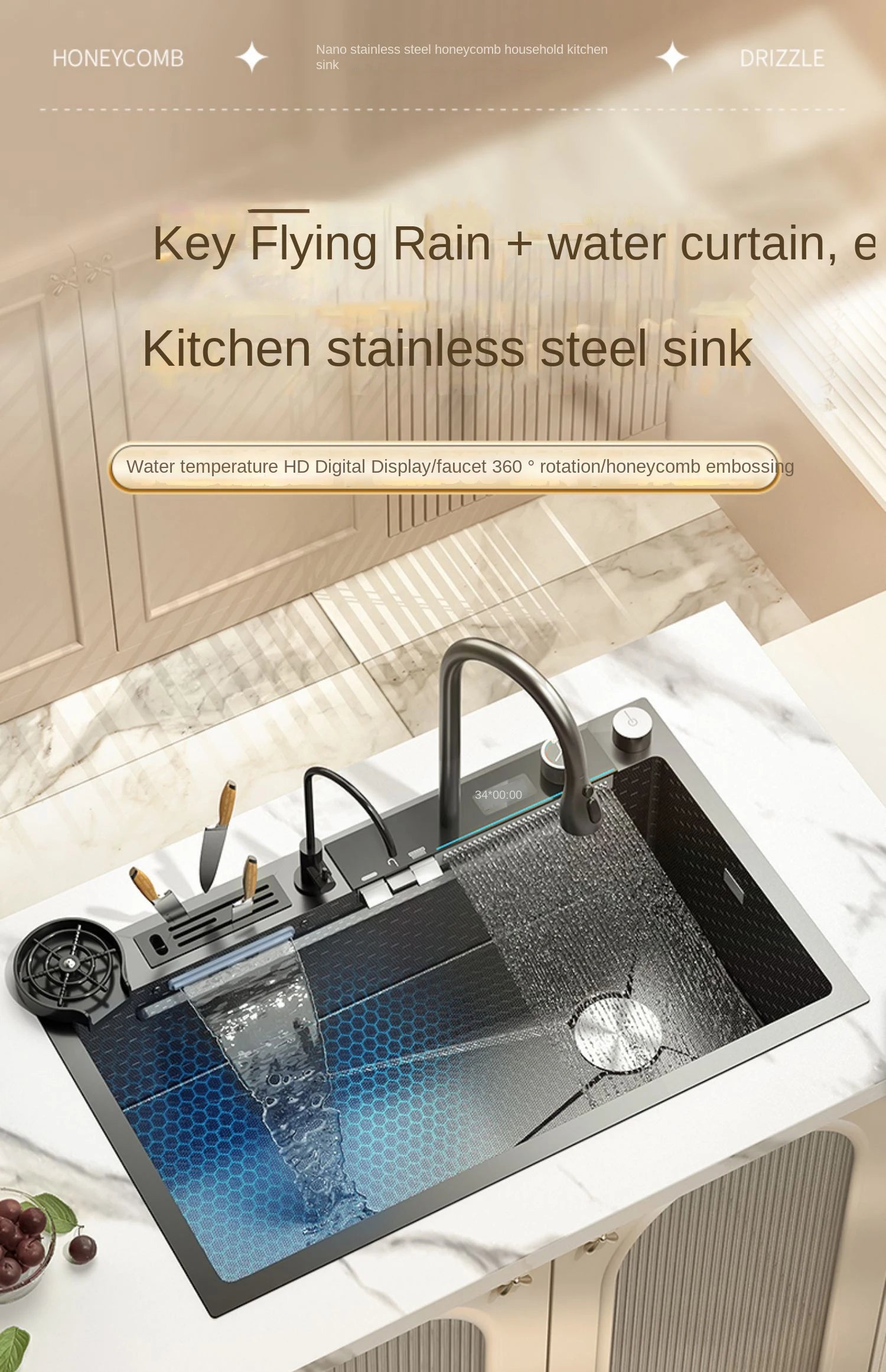 Smart Multifunction Piano Key Waterfall Large Sink 304 Stainless Steel Home Kitchen Sink with Dish Drying Holder