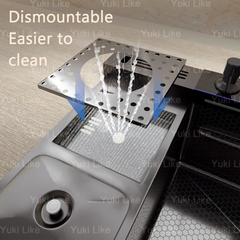 Stainless Steel Waterfall Kitchen Sink Extra Large Single Bowl Digital Display Multifunctional Dishwashing sinks