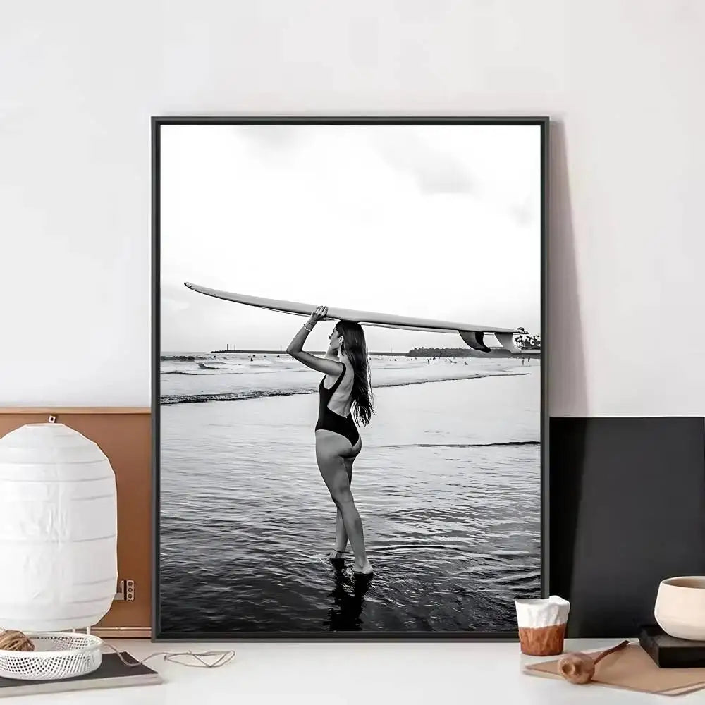 Black White Surfer Beach Surfboard Hawaii Girl Vintage Posters Sticky Whitepaper Prints Posters Artwork Posters Wall Stickers