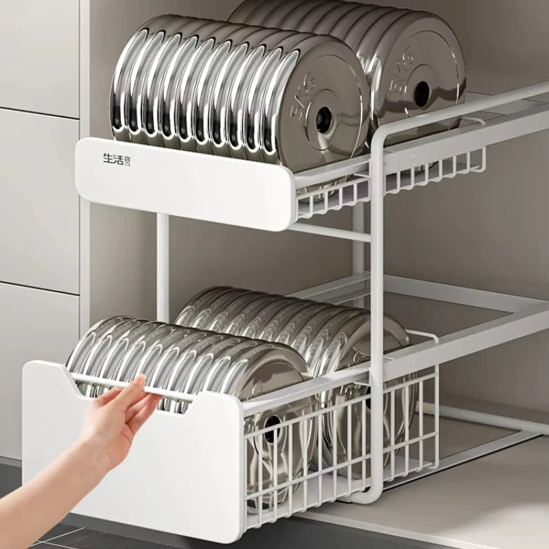 Kitchen Sink Storage Rack, Multi-Function Storage Organizer, Pot Cabinet Pull-Out Shelf, Adjustable Layer Organizer for Kitchen