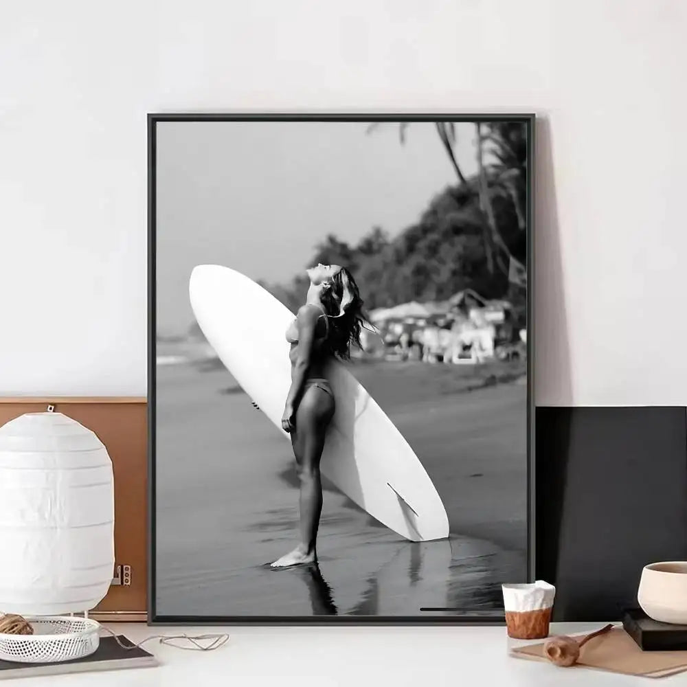 Black White Surfer Beach Surfboard Hawaii Girl Vintage Posters Sticky Whitepaper Prints Posters Artwork Posters Wall Stickers