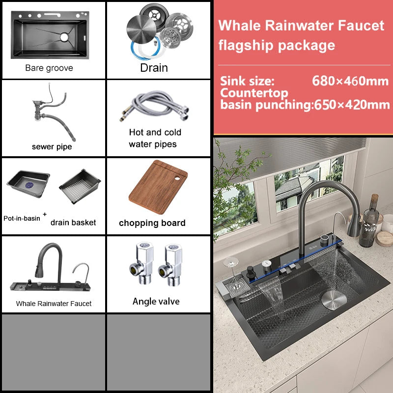 Stainless Steel New Waterfall Kitchen Sink Digital Display Dishwashing Sinks With Draining Rack Embossed Extra Large Single Slot