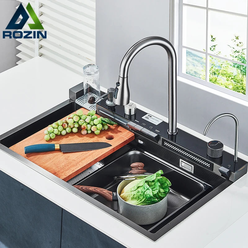 Stainless Steel Kitchen Sink with Faucet 75*45cm Large Single Bowl Digital Display Dish Basin Sink Waterfall Hot Cold Faucets