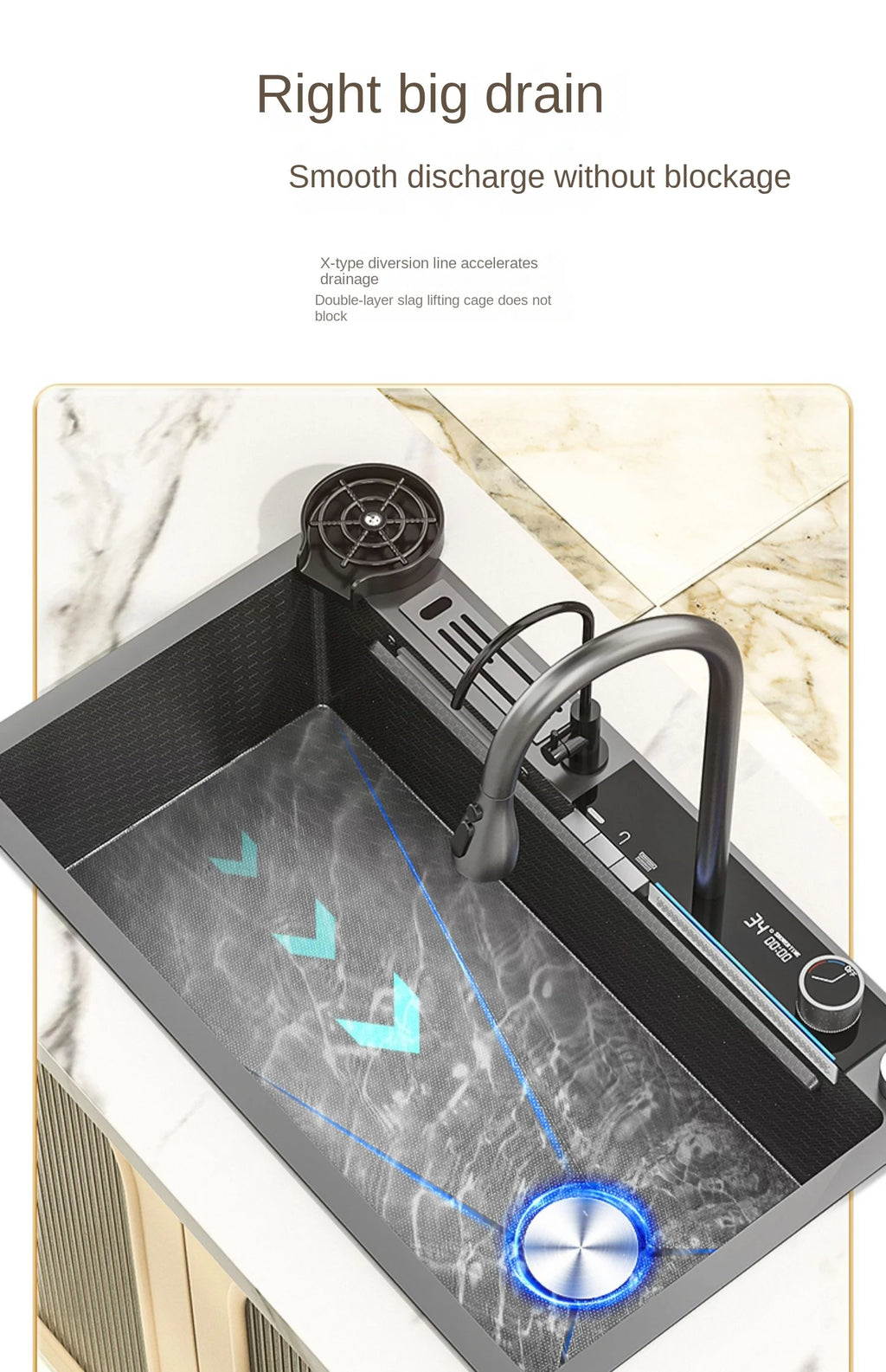 Smart Multifunction Piano Key Waterfall Large Sink 304 Stainless Steel Home Kitchen Sink with Dish Drying Holder