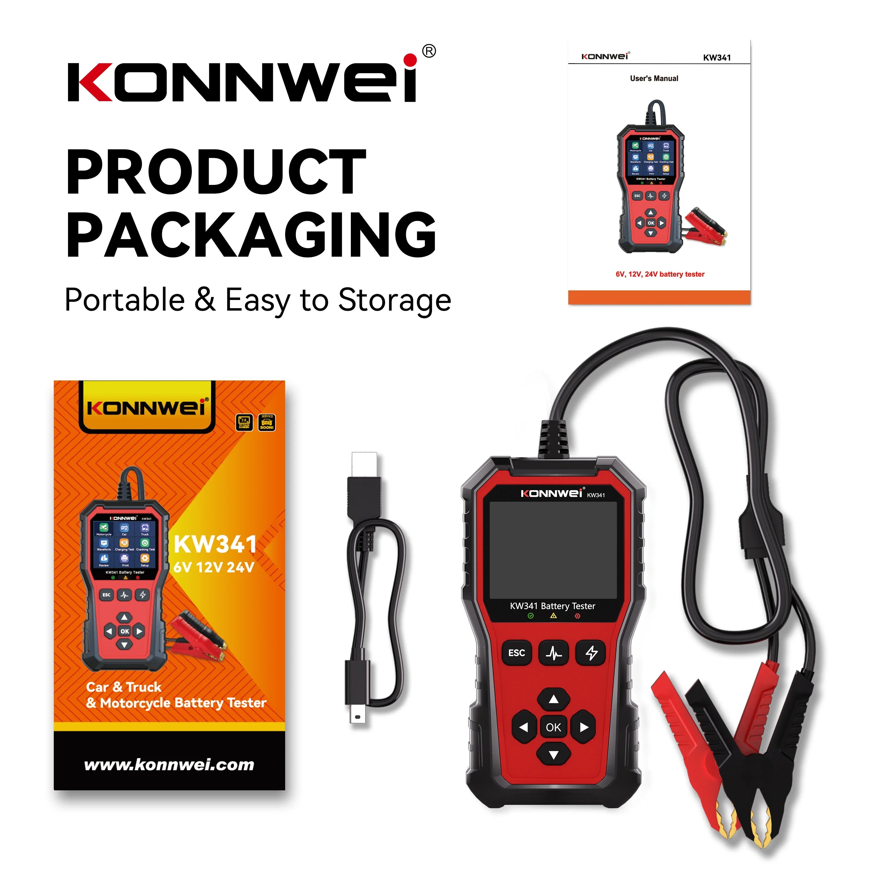 2026 KONNWEI KW341 Car Moto Truck Battery Tester 6V12V 24V Fault Data Printing Start Voltage Test Car Battery Charging Scan Tool