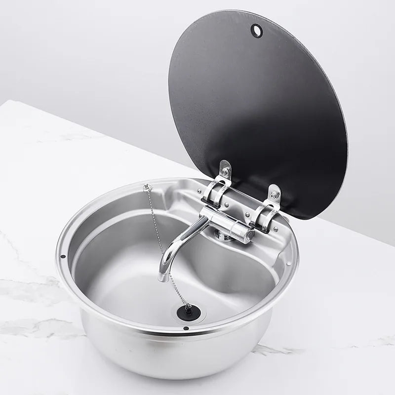 Kitchen Hidden Sink RV Caravan Motorhome Parts Stainless Steel Round Hand Wash Basin RV Kitchen Sink