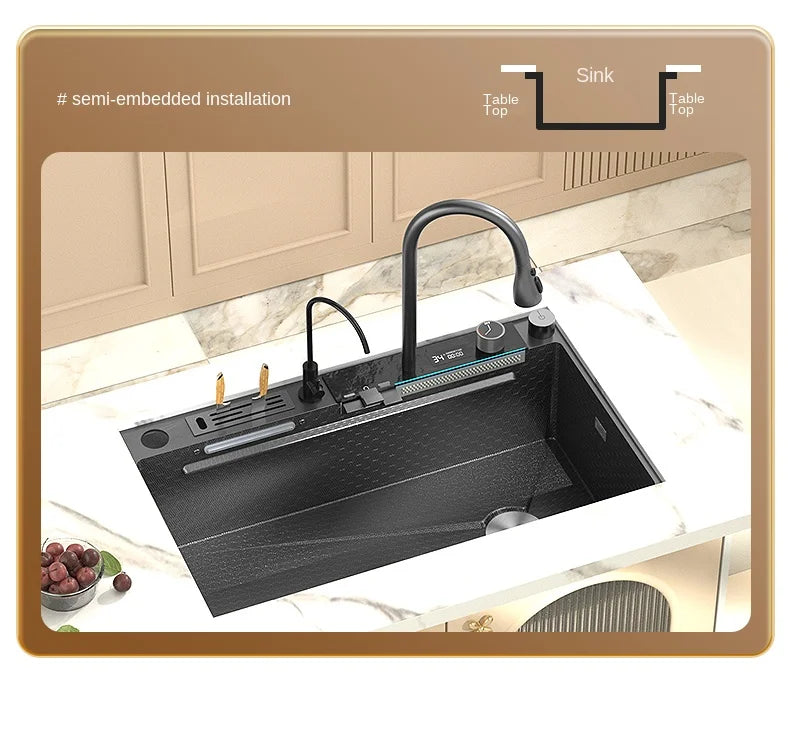 Smart Multifunction Piano Key Waterfall Large Sink 304 Stainless Steel Home Kitchen Sink with Dish Drying Holder