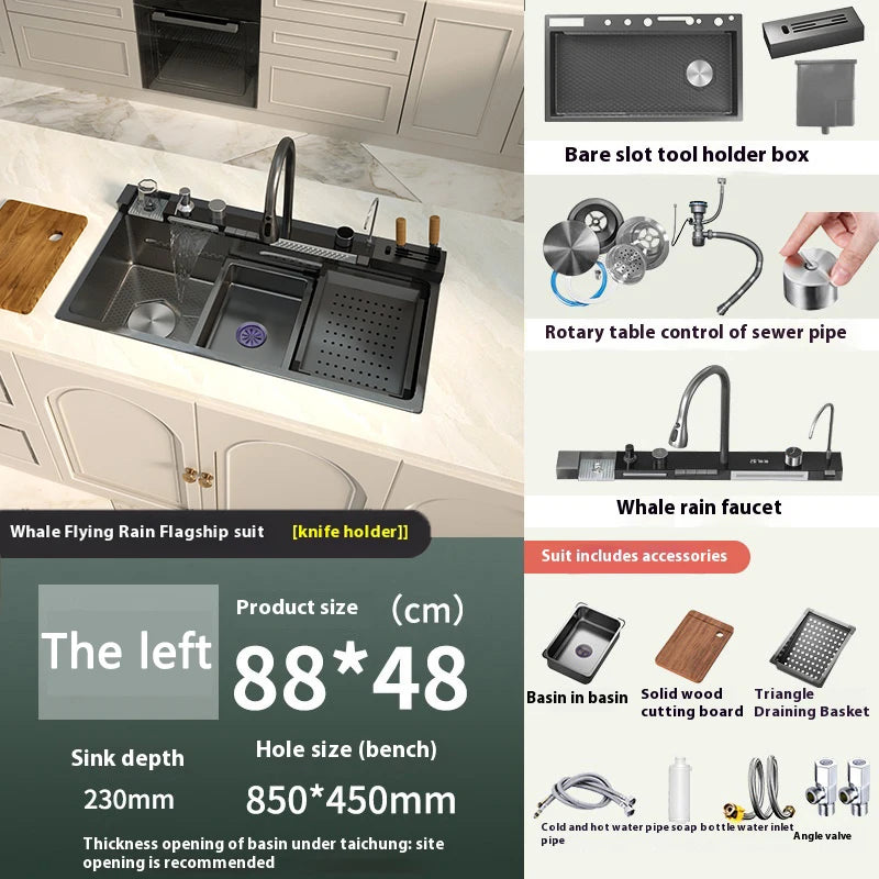 Stainless Steel Waterfall Kitchen Sink Extra Large Single Bowl Digital Display Multifunctional Dishwashing sinks