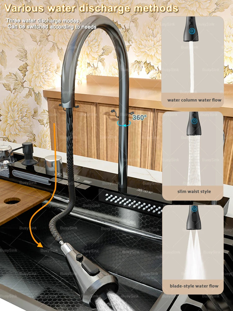 Stainless Steel New Waterfall Kitchen Sink Digital Display Dishwashing Sinks With Draining Rack Embossed Extra Large Single Slot