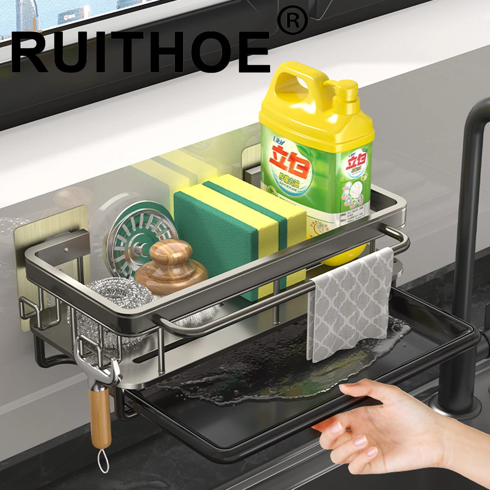 Kitchen Sink Drain Rack With Tray Aluminum Sink Shelf Soap Sponge Holder Dishcloth Towel Rack filter basket