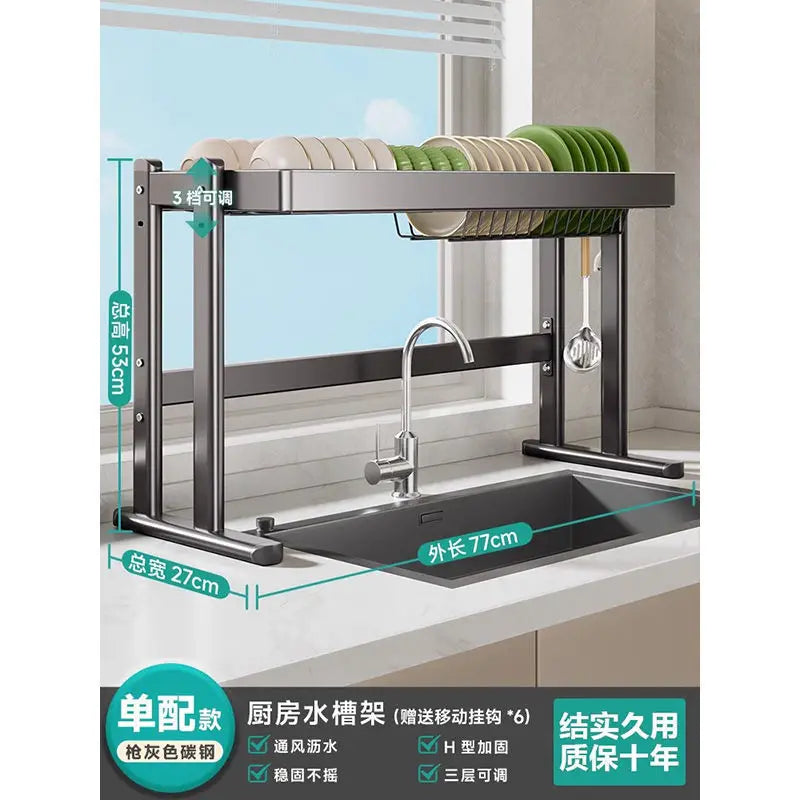 Over-the-Sink Dish Drying Rack Kitchen Sink Organizer Multifunctional Dishware Storage Shelf Space-Saving Plate and Bowl Holder