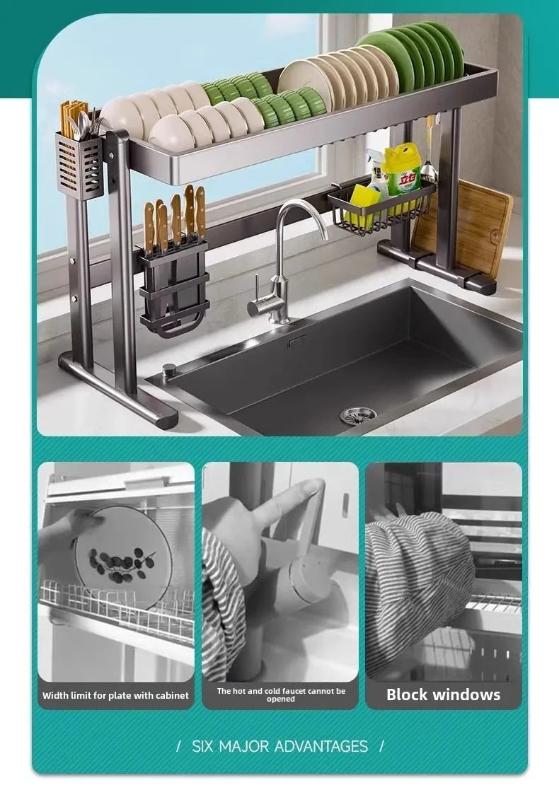Over-the-Sink Dish Drying Rack Kitchen Sink Organizer Multifunctional Dishware Storage Shelf Space-Saving Plate and Bowl Holder