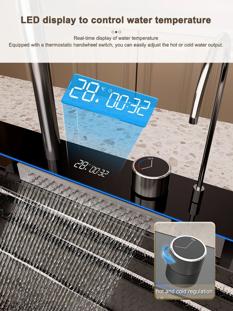 Stainless Steel Waterfall Kitchen Sink Digital Display Large Single Slot Dishwashing Sinks Overseas Warehouse Shipping