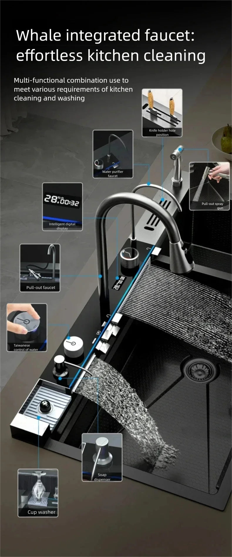 304 Stainless Steel Kitchen Sink Multifunctional Water Catalyst Purify Ingredients 100x50 Large Double Slot Wash Vegetable Basin