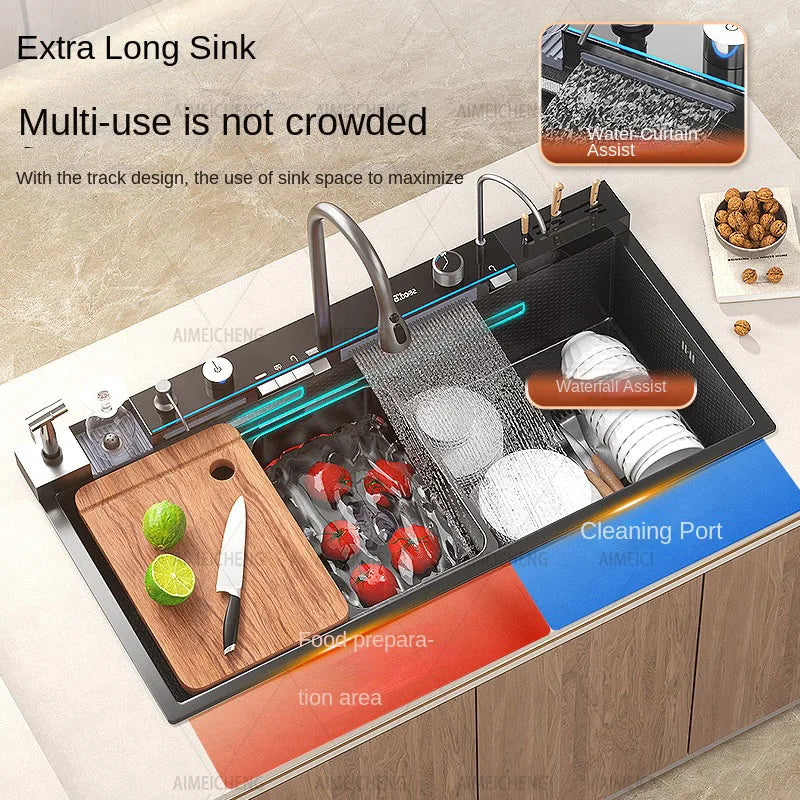 Smart Multifunction Piano Key Waterfall Large Sink 304 Stainless Steel Home Kitchen Sink with Dish Drying Holder