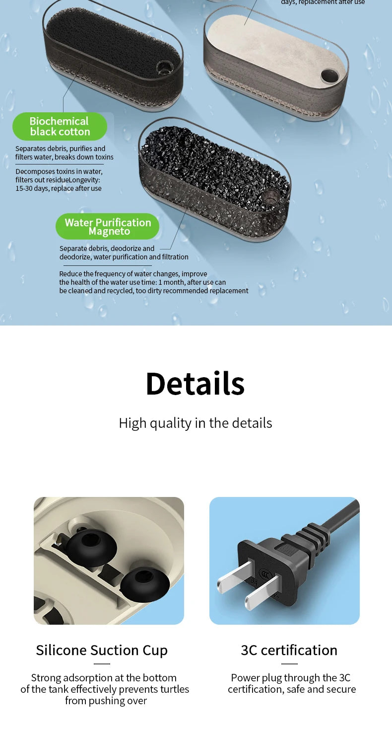 Turtle Tank Waterfall Filter Low Water 3-In-1 Suction Purification Recirculating Filter Box Fecal Clean Up
