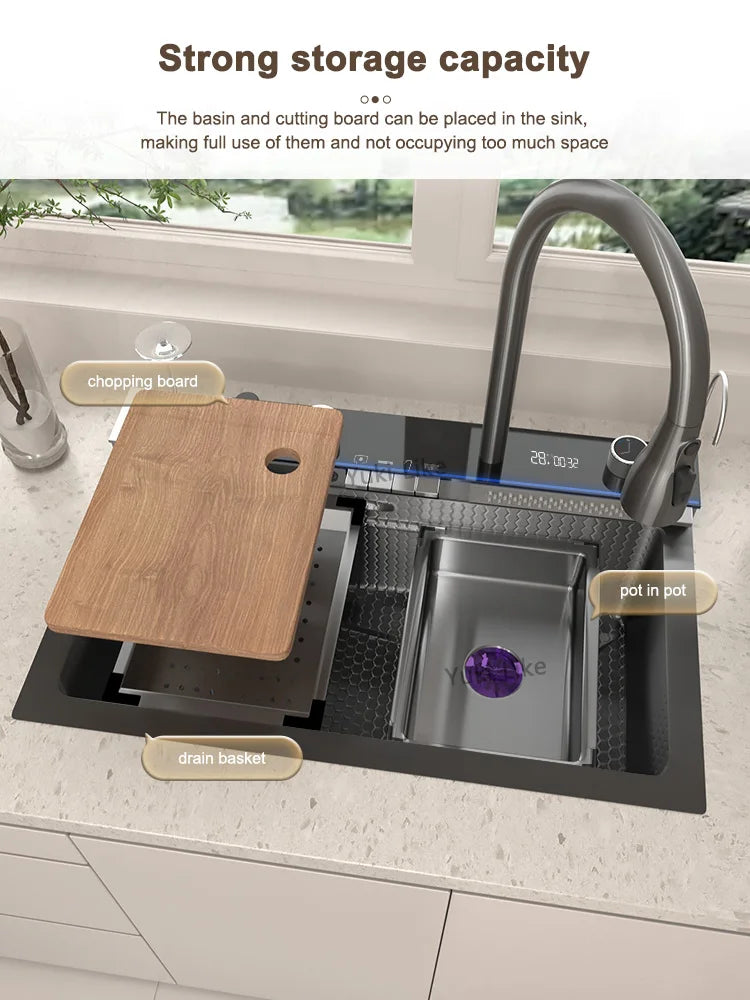 Stainless Steel Waterfall Kitchen Sink Digital Display Large Single Slot Dishwashing Sinks Overseas Warehouse Shipping