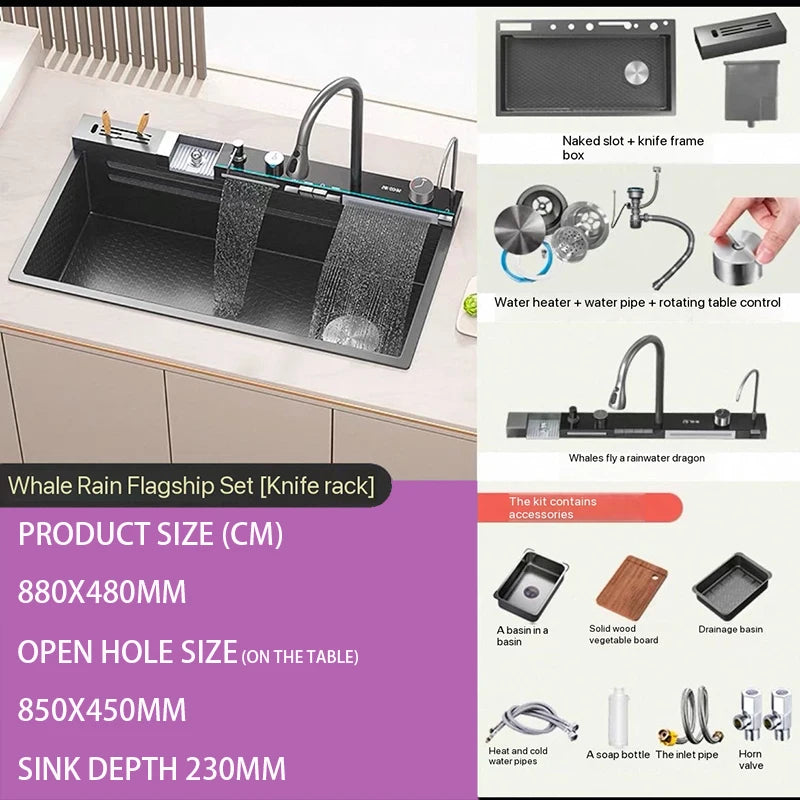 Smart Multifunction Piano Key Waterfall Large Sink 304 Stainless Steel Home Kitchen Sink with Dish Drying Holder