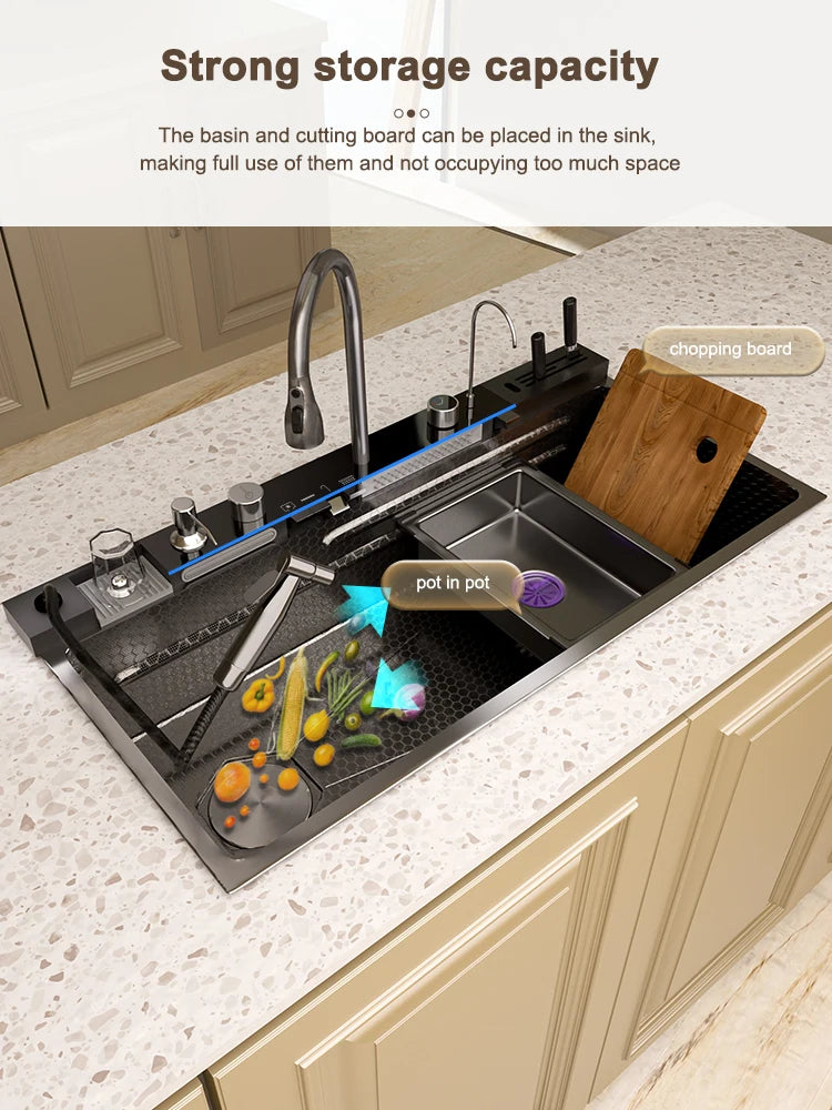 Stainless Steel Waterfall Kitchen Sink Digital Display Large Single Slot Dishwashing Sinks Overseas Warehouse Shipping